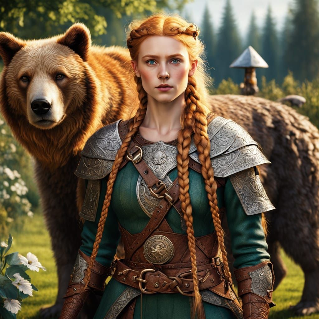 Viking Woman with Bear in Nordic Fantasy Art