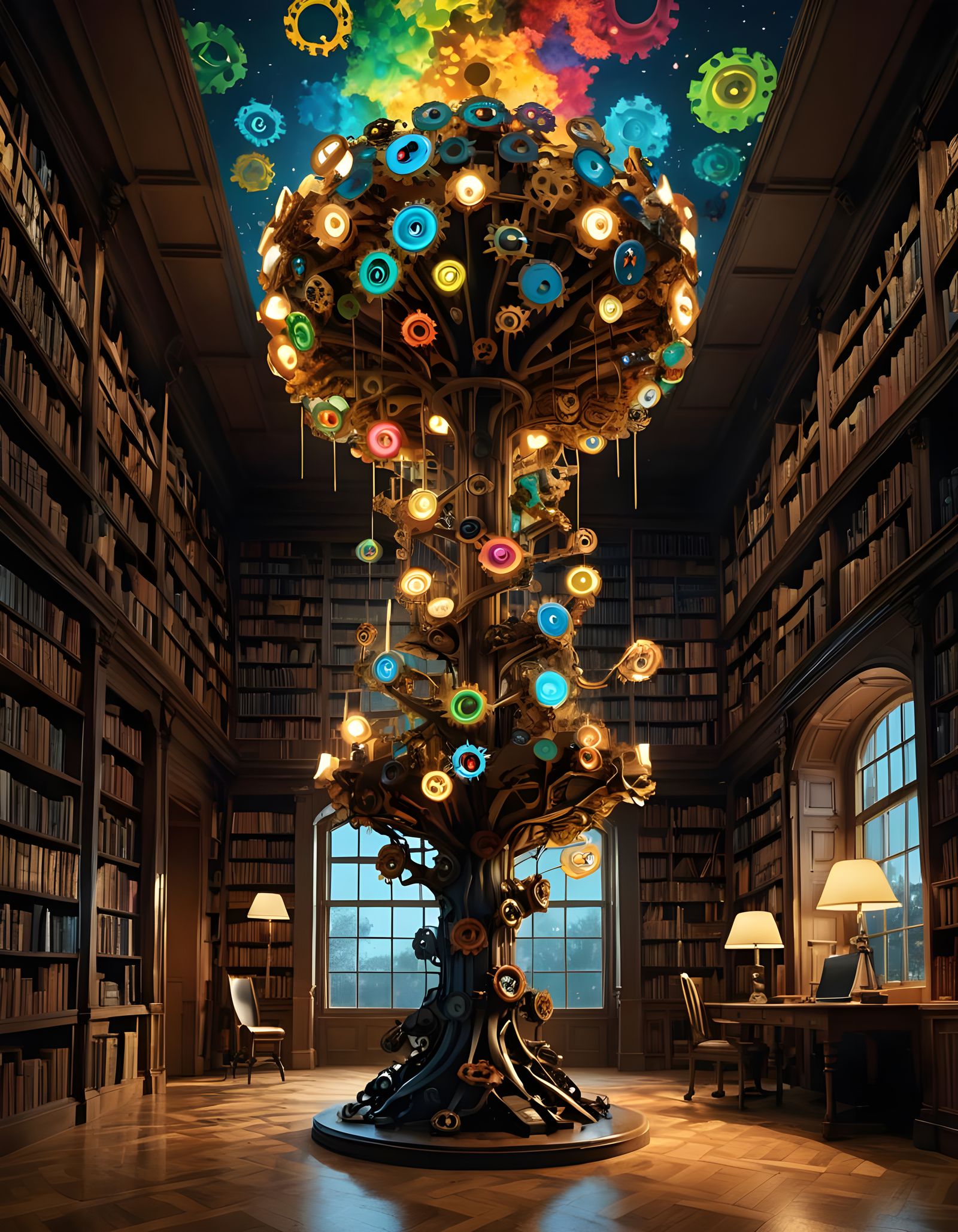 Glowing Steampunk Tree Lamp in Library