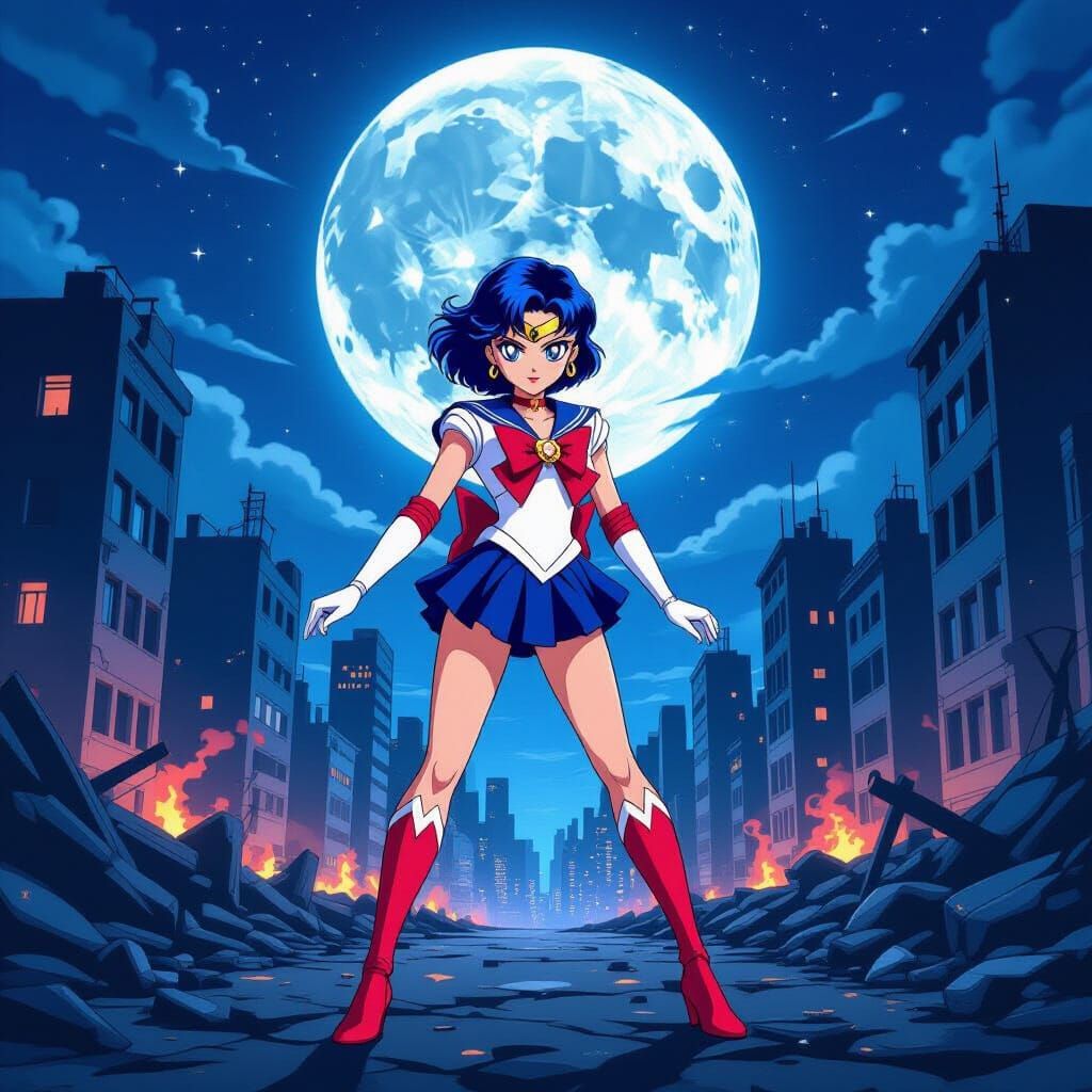 Sailor Mercury Fights Queen Beryl in Ruined Tokyo