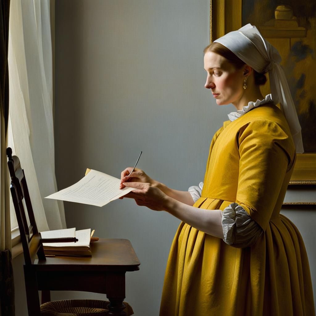 Art by Johannes Vermeer, a serene portrait of a woman reading a letter by a window, soft natural light illuminating her ...
