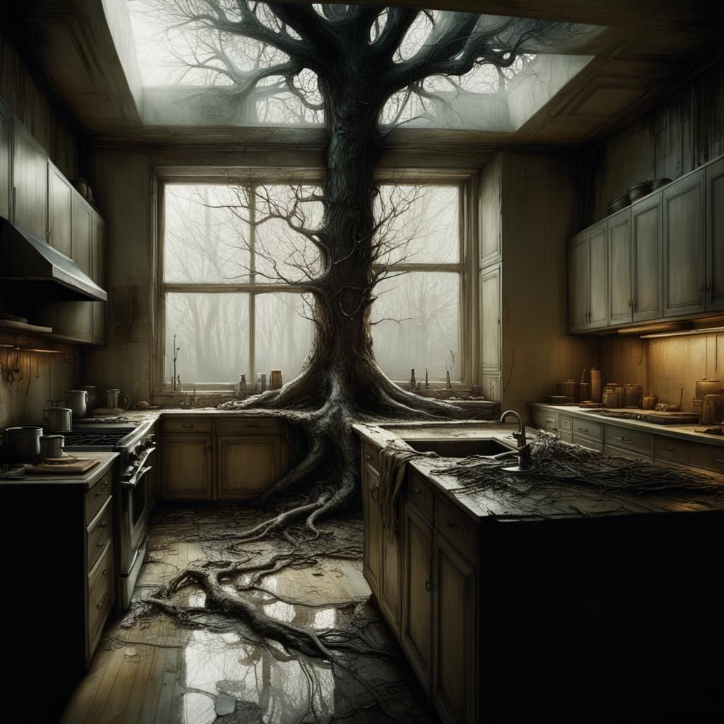 Abstract Kitchen with Tree: Hyperrealistic Mixed-Media Photo...