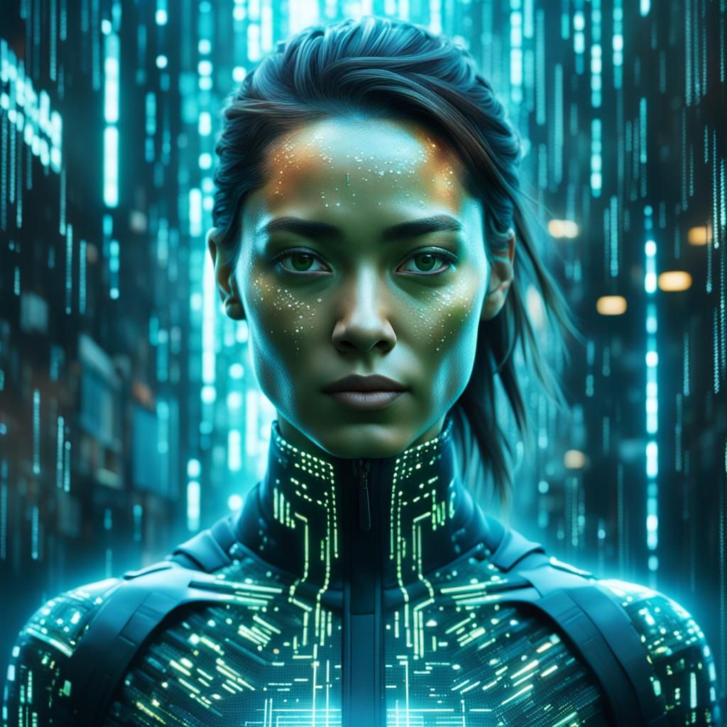 Gorgeous Woman in Glitching Matrix with Dynamic Lighting