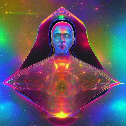 Scientist Discovering LSD: Holographic Astral Illustration