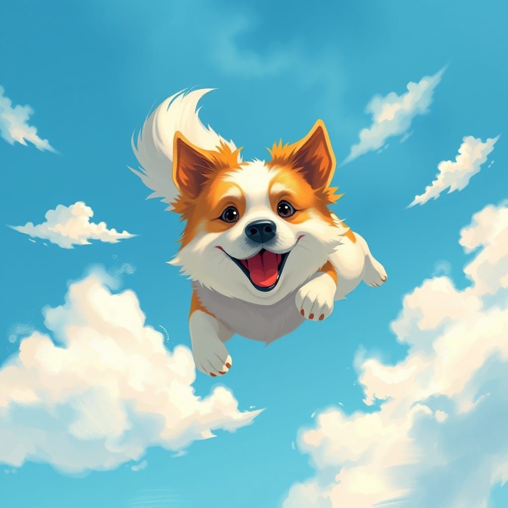Dog Soaring Through Sky, Whimsical Art Style