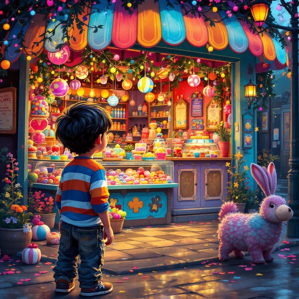 Child Gazing at Whimsical Candy Store