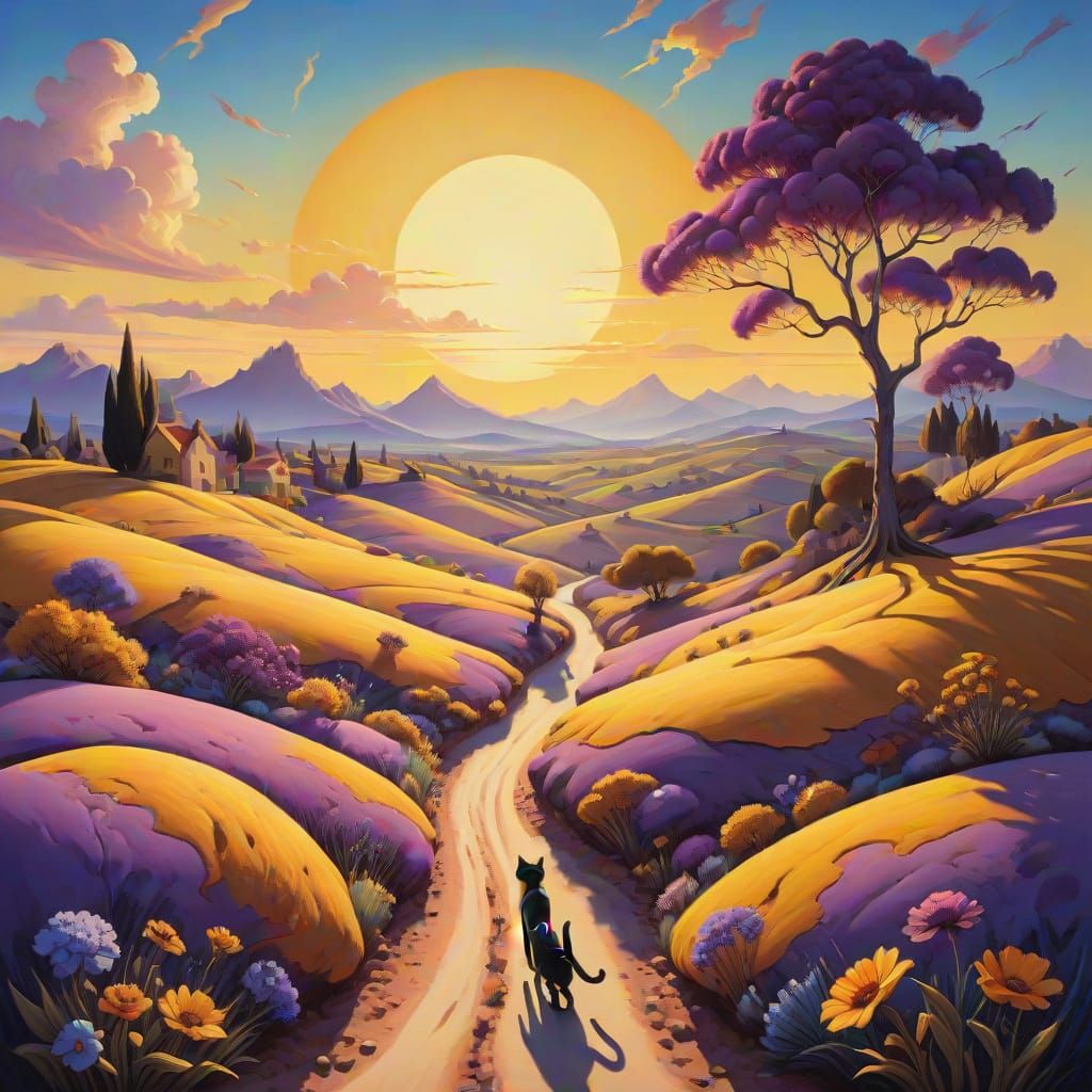 Surreal Cat Flower Landscape with Golden Pocket Watch Sun