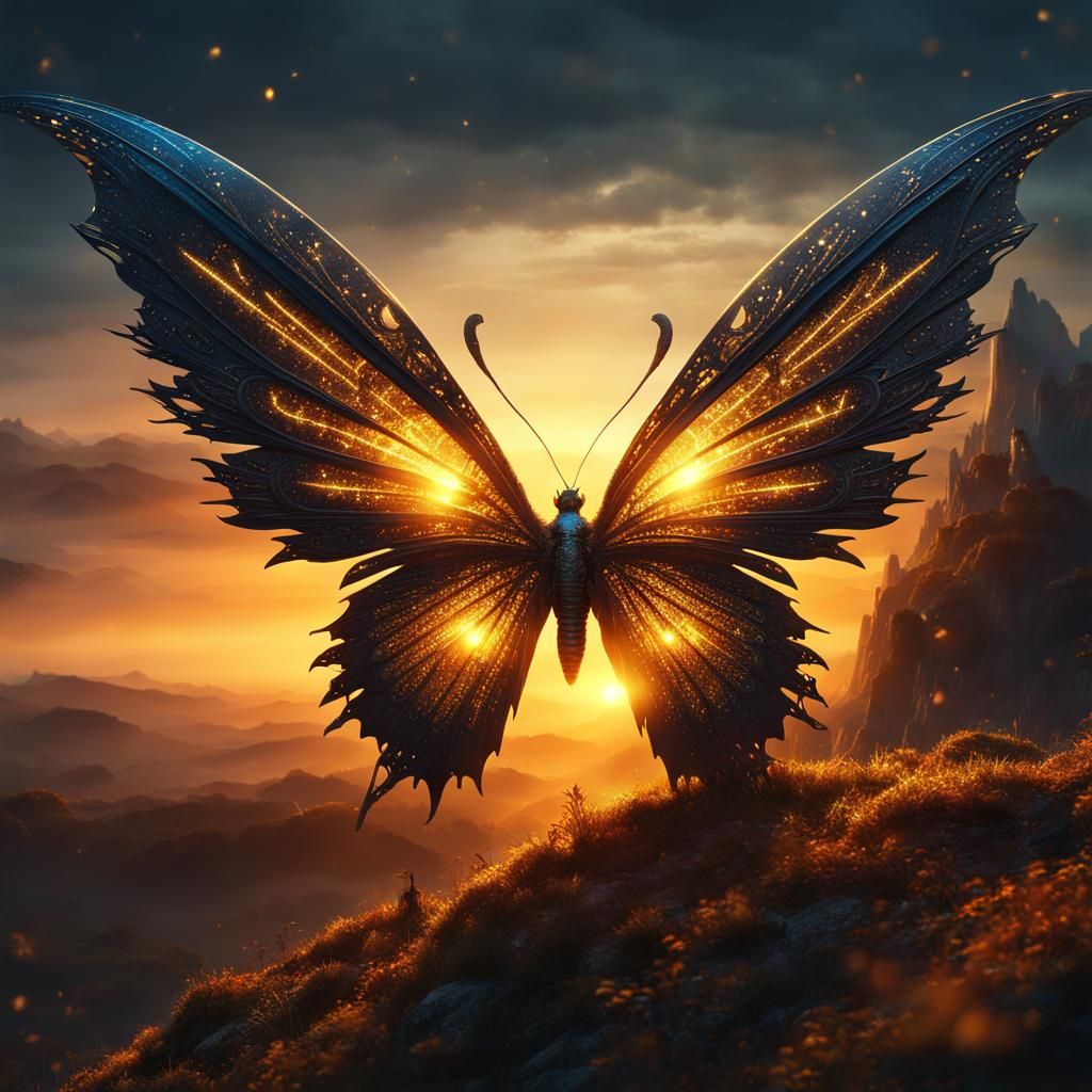 Sparkling Butterfly at Sunset: Mystical Digital Art