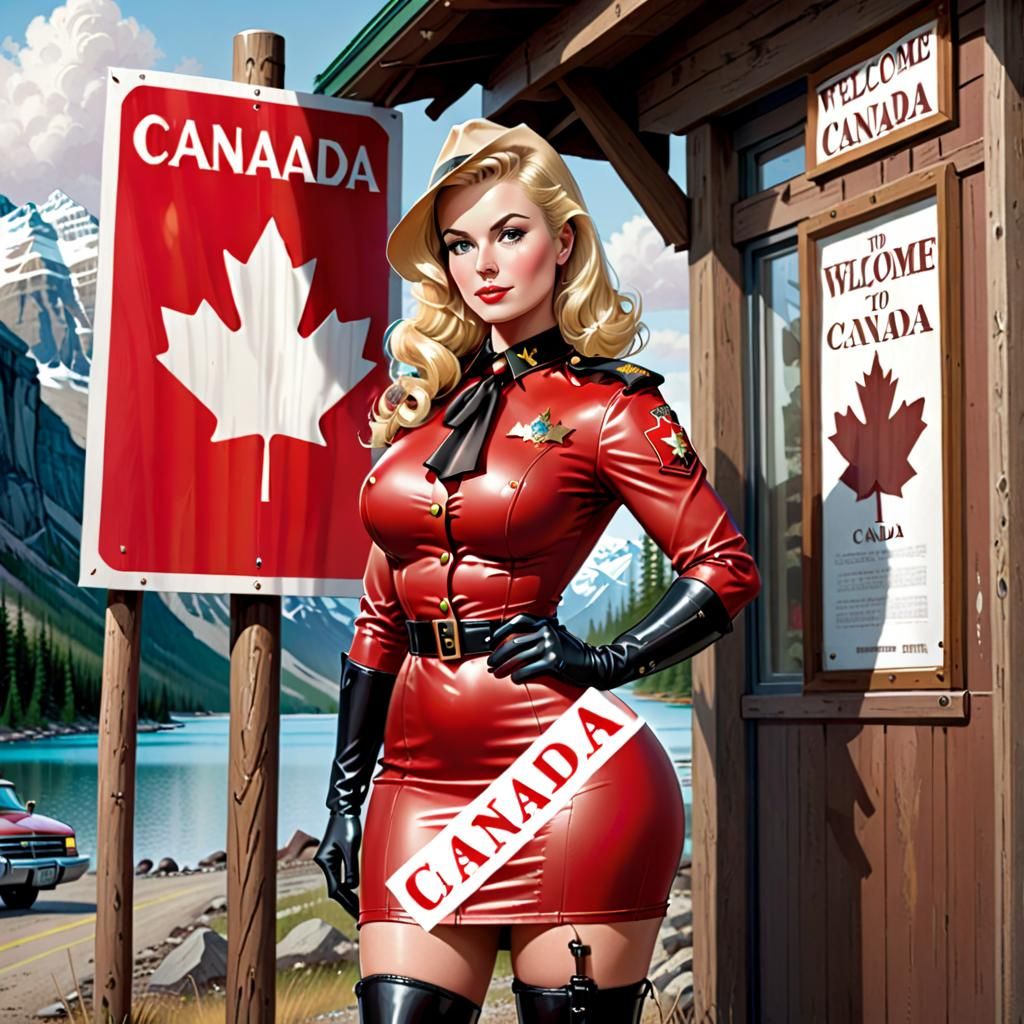 Blonde beautiful shapely woman dress in latex Canadian mounties costume standing by a welcome to canada sign  serpieri M...