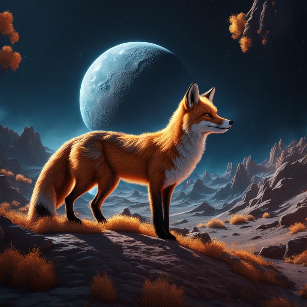 Wealthy Fox on the Moon: Detailed Matte Painting