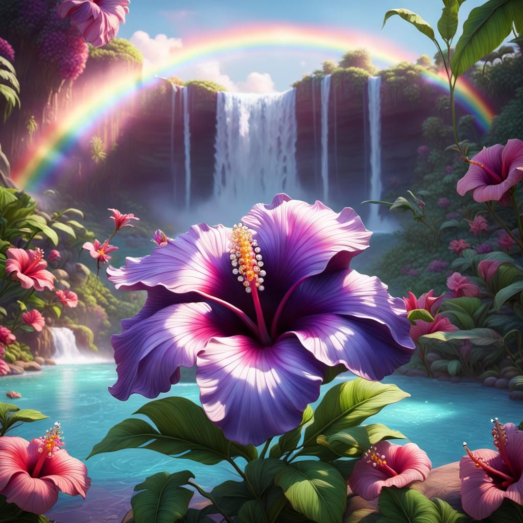 Amethyst Hibiscus with Rainbow Waterfall in 3D Style