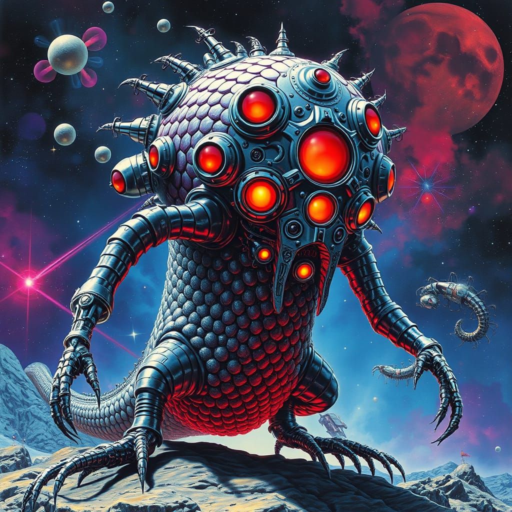 Biomechanical Space Monster in Futuristic Galactic Scene
