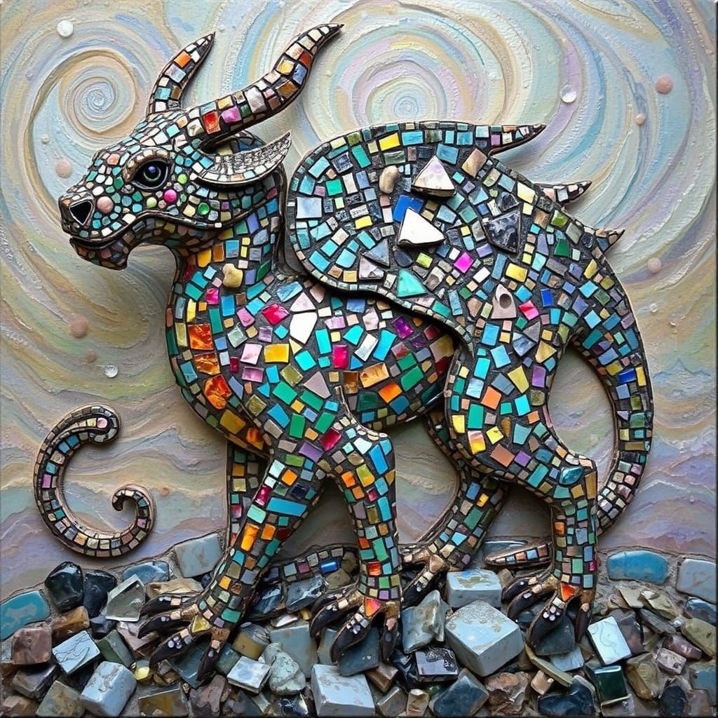 Iridescent Mosaic Beast in Cosmic Landscape