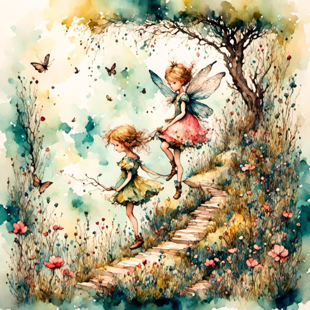 Antique Pixie in Magical Watercolour Scene