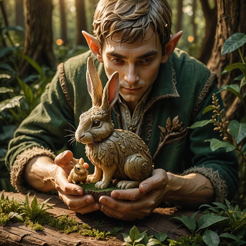 Elf Carver with Wooden Rabbit in Forest Glade