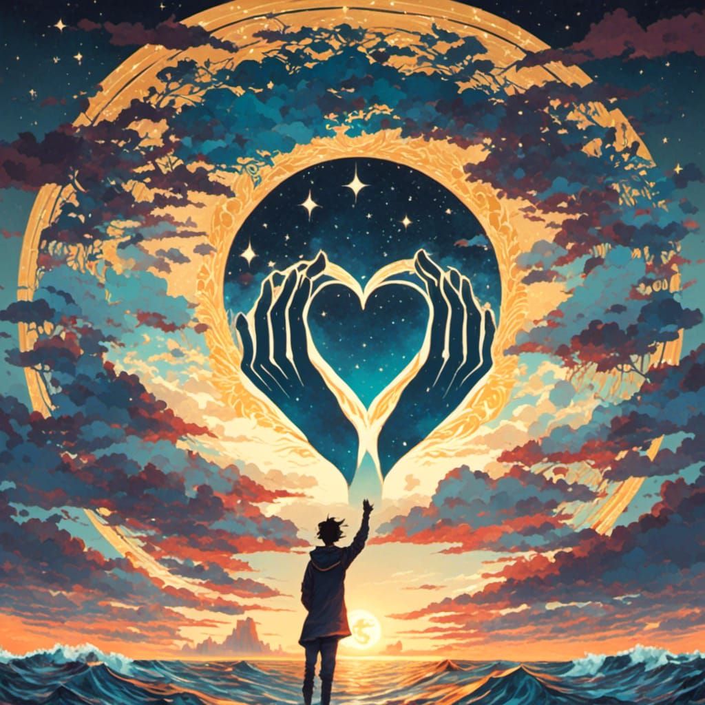 Heart-Hands Framing Sunrise Over Ocean