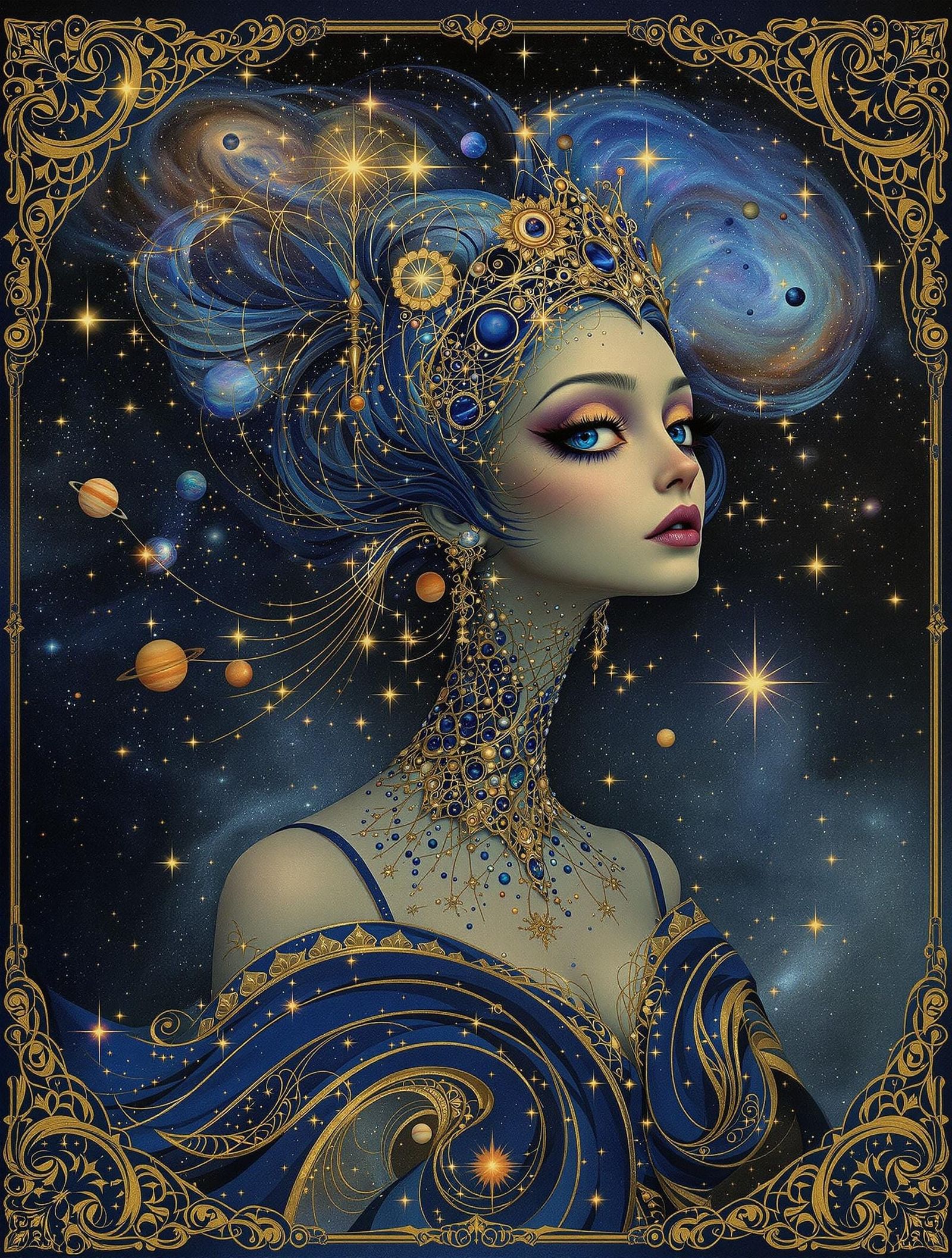 Surreal Sapphire Woman with Galaxy Hair and Starry Choker