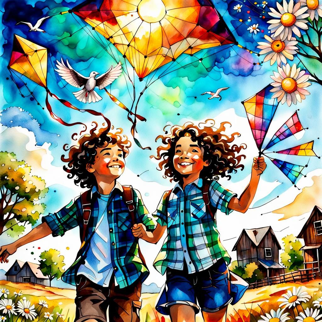 Children's Joyful Kite Flying: Alcohol Ink Art