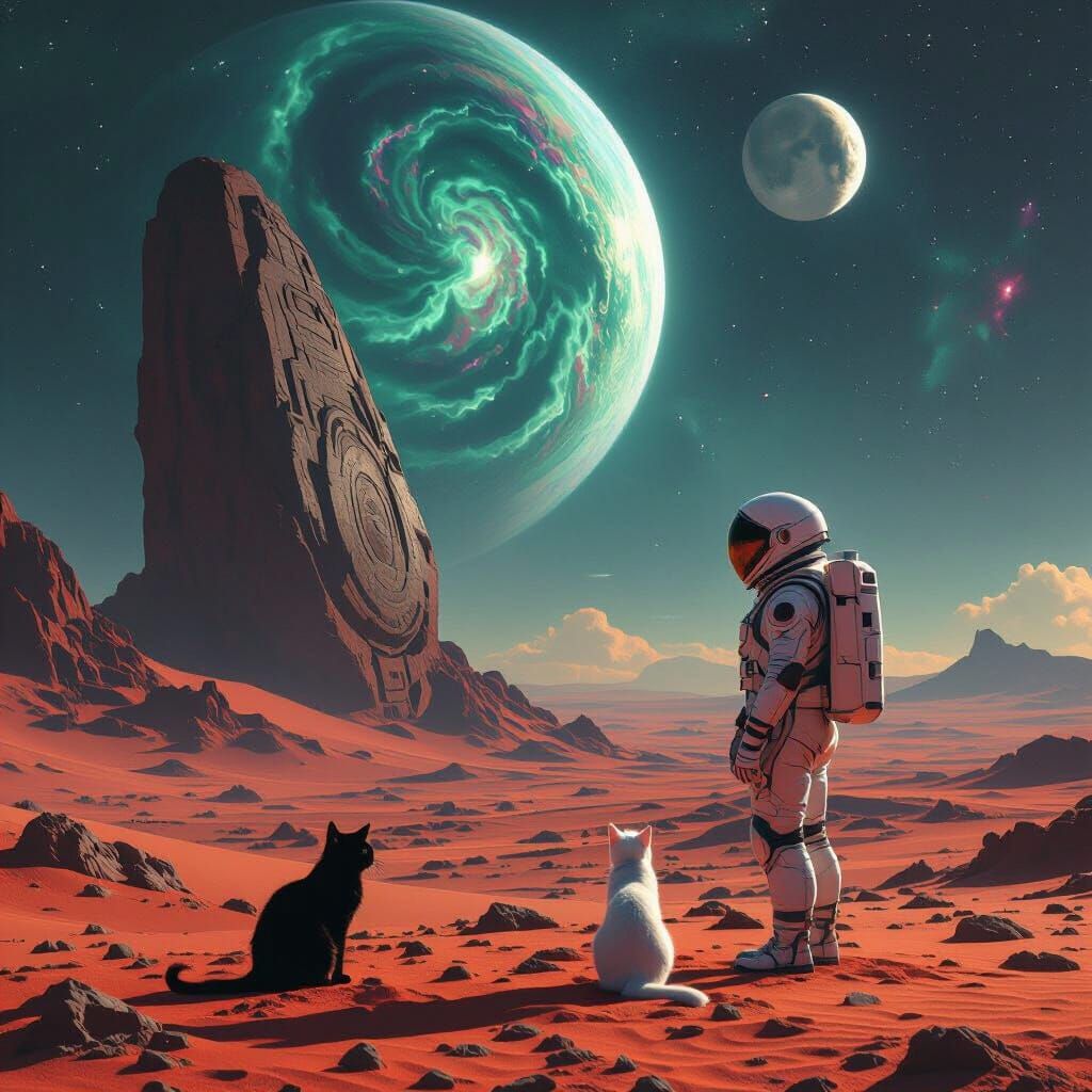 Astronaut with Cats on Alien Planet Viewing Ancient Artifact
