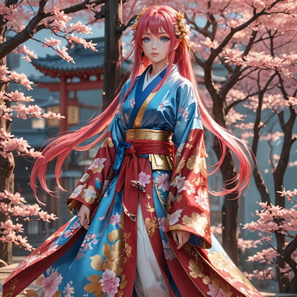 Anime Girl with Pink Hair in Kimono, 3D Art