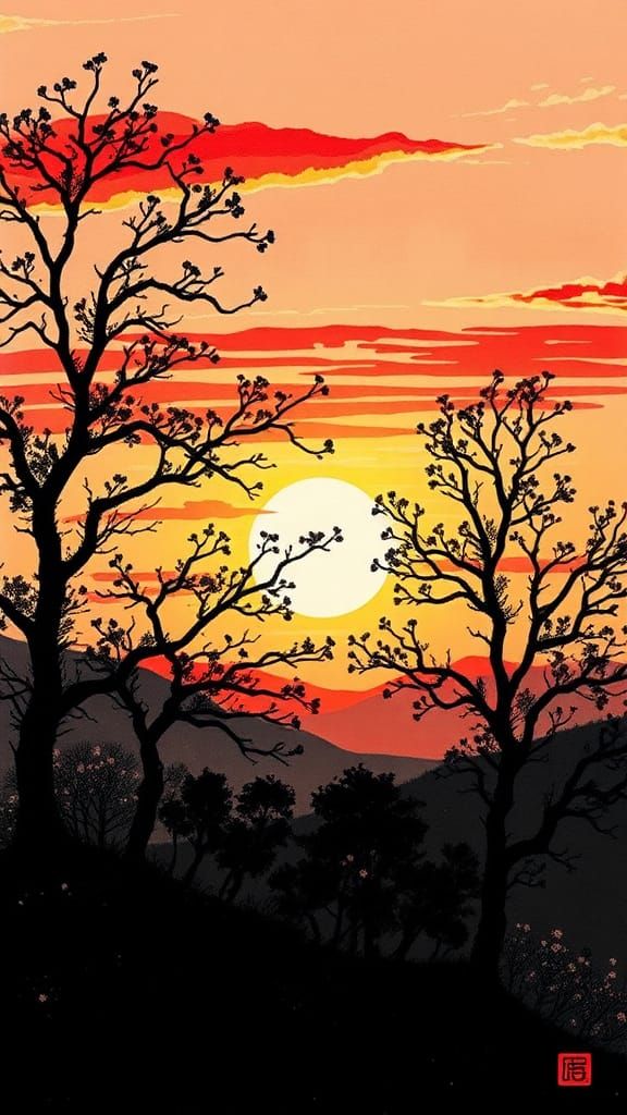 Sunset Beauty: Ink Painting in Geometric Style