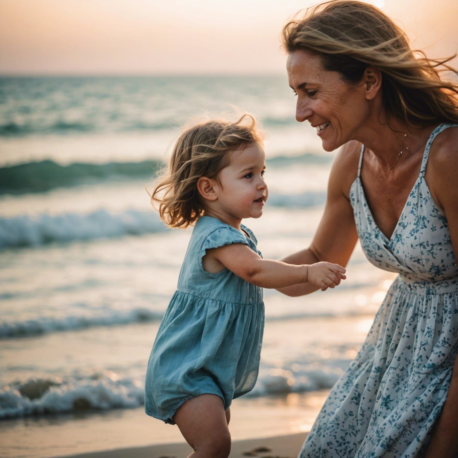 Girl and Mother Play on Beach with Bokeh