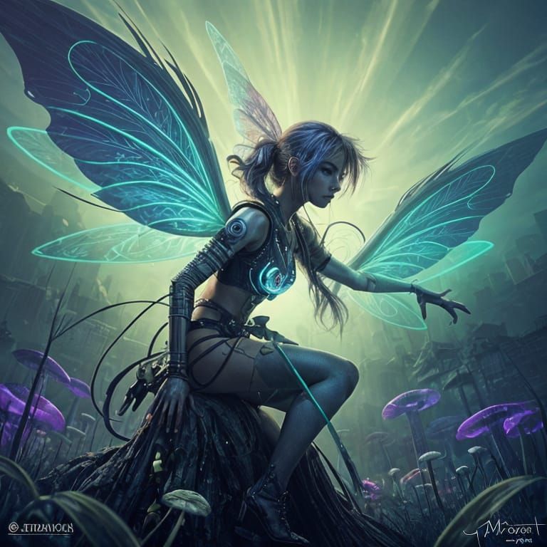 Cyberpunk Hacker Fairy in Mushroom Field