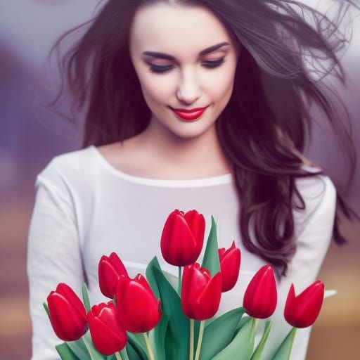 Attractive Woman Arranges Tulips in Vase