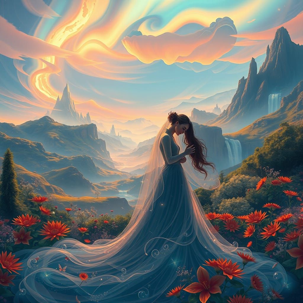 Ethereal Lovers in Vibrant Fantasy Landscape