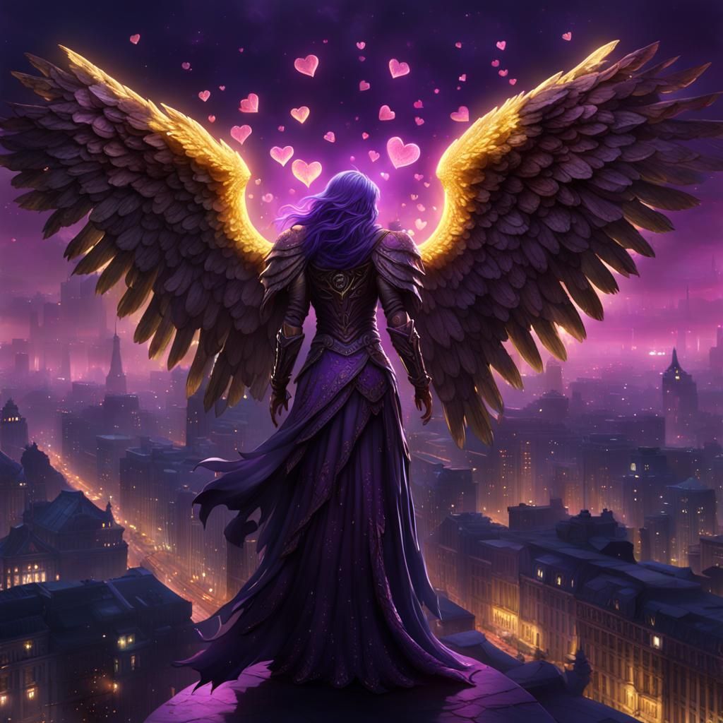 Dark Angel in Night Cityscape: Fantasy Art