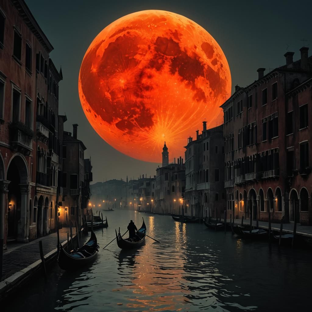 Mysterious Gondola Ride Under a Blood Moonlit Venice