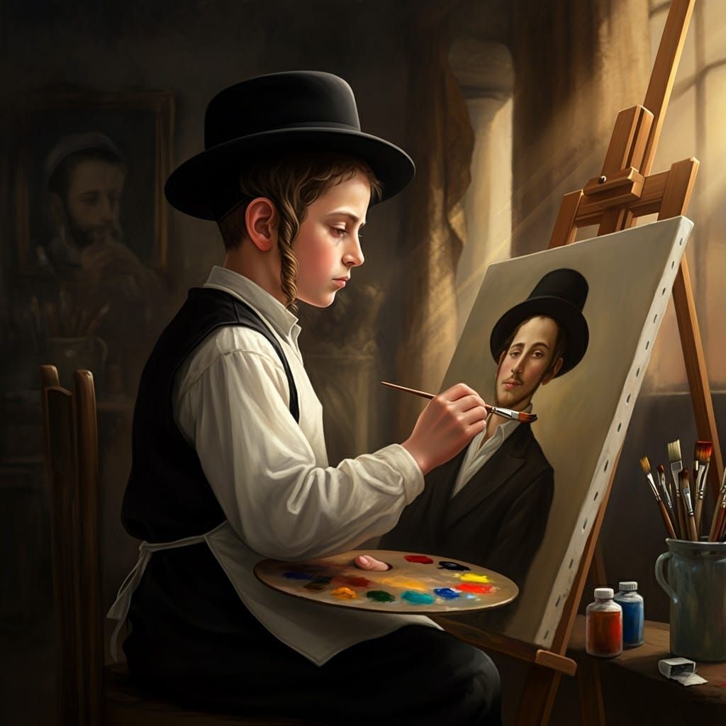Young Hasidic Boy Paints Portrait in Sunlit Renaissance Atel...