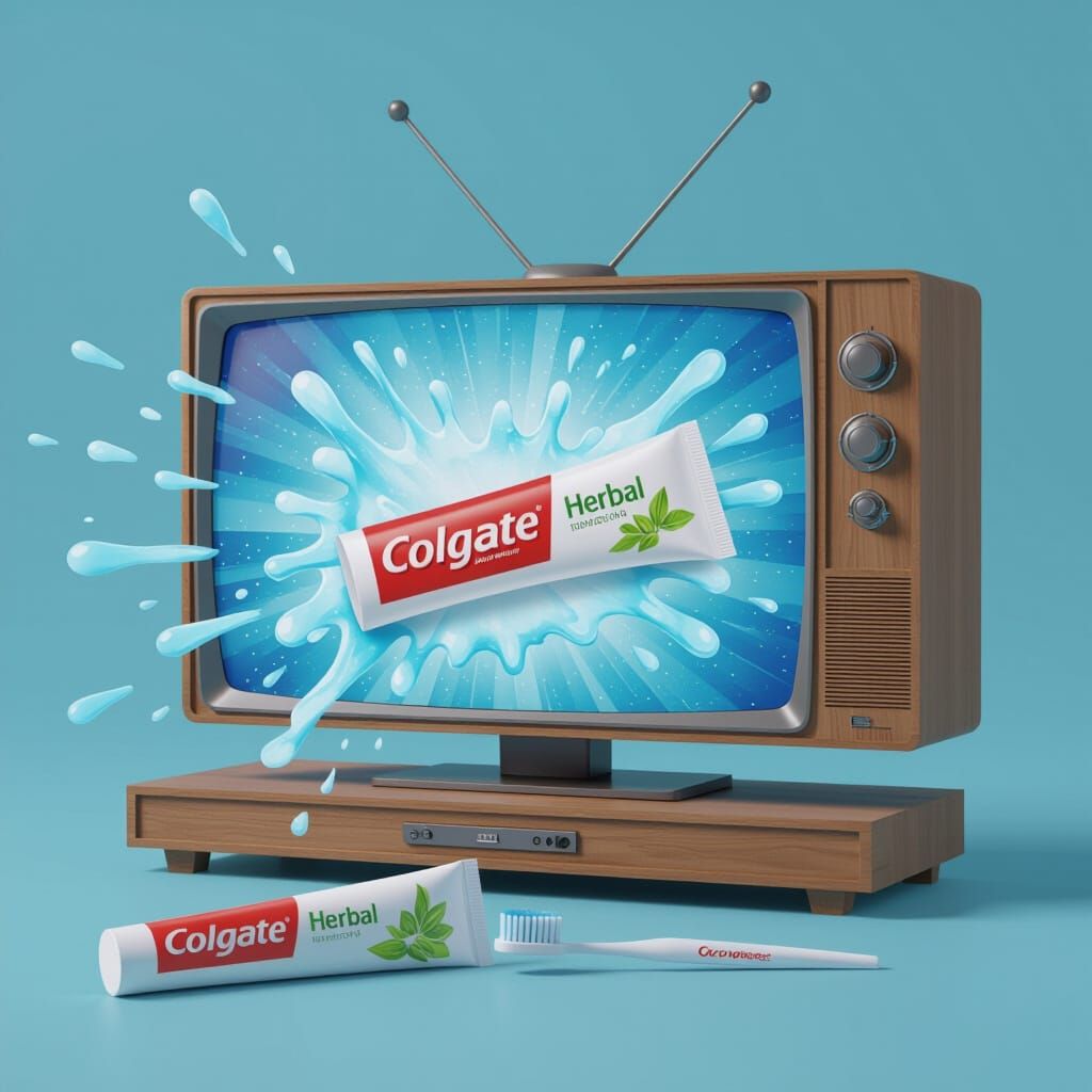 Colgate Toothpaste Advertisement Exploding from Television