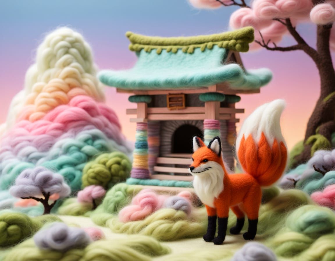 Mischievous Kitsune Yarn Bombs Shrine in Pastel Felt Landsca...