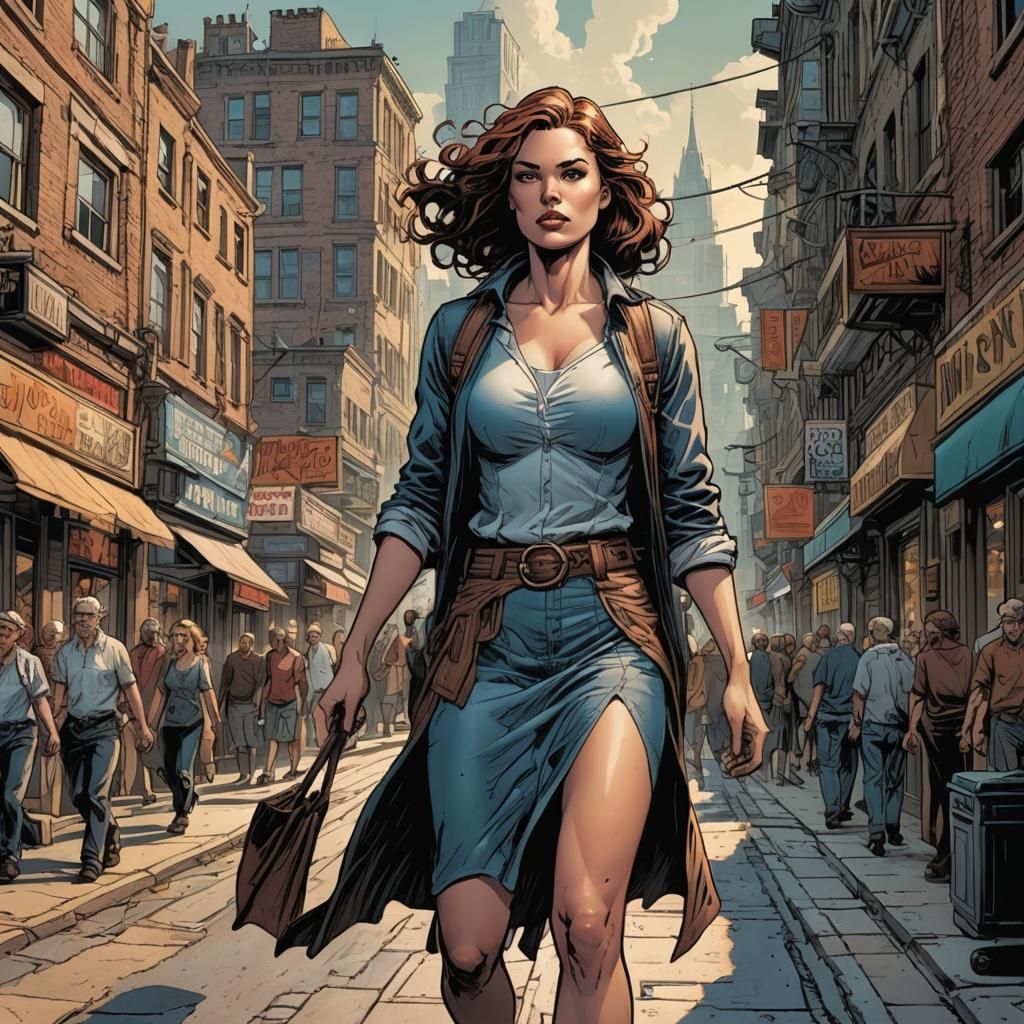 Giant Woman Walking in Town: Comic Book Art