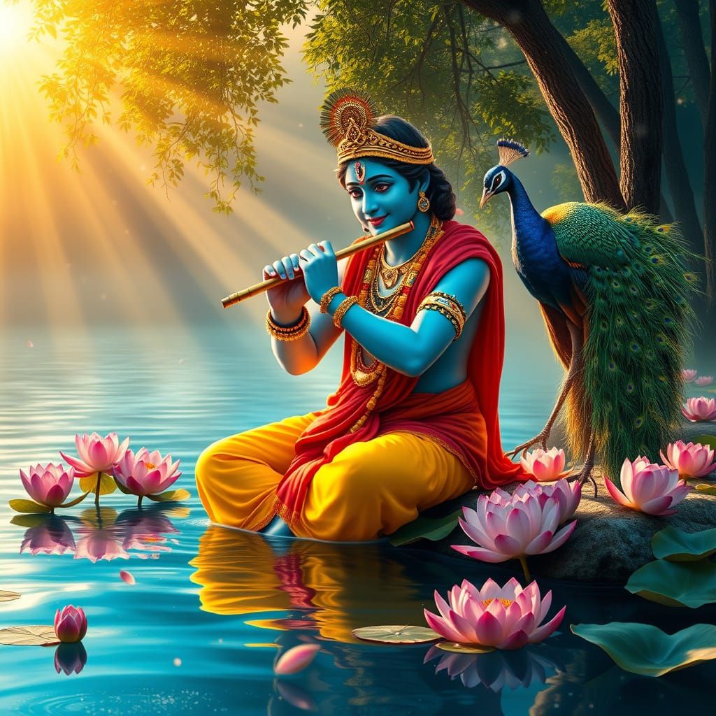 Krishna Plays Flute in Golden Hour Serenity