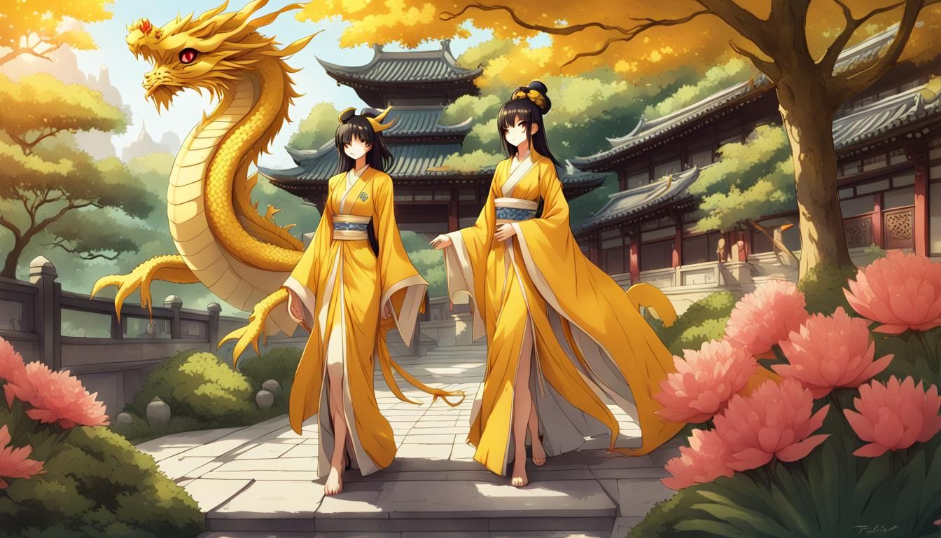 Golden Dragon Empress in Chinese Garden, Anime Style
