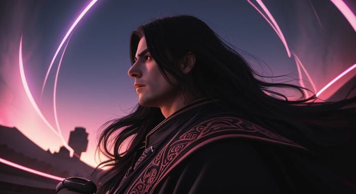 Epic Fantasy Hero in Cyberpunk Desert Sunset