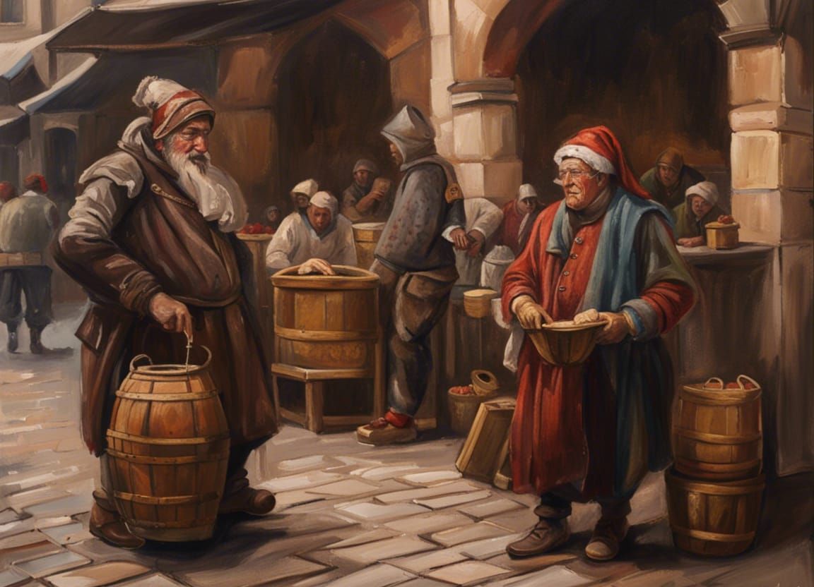 Medieval Market Street Performers: Impasto Oil Painting