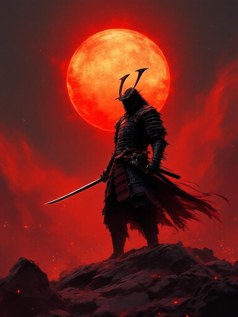 Samurai in Ruins with Crimson Sun, as Digital Art
