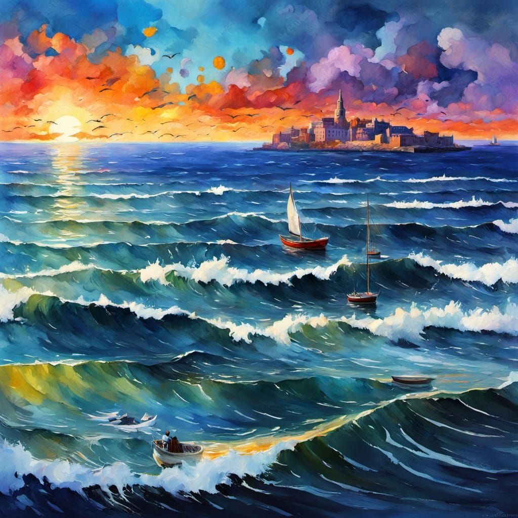 Epic Montevideo Waterfront in Vibrant Gouache Style