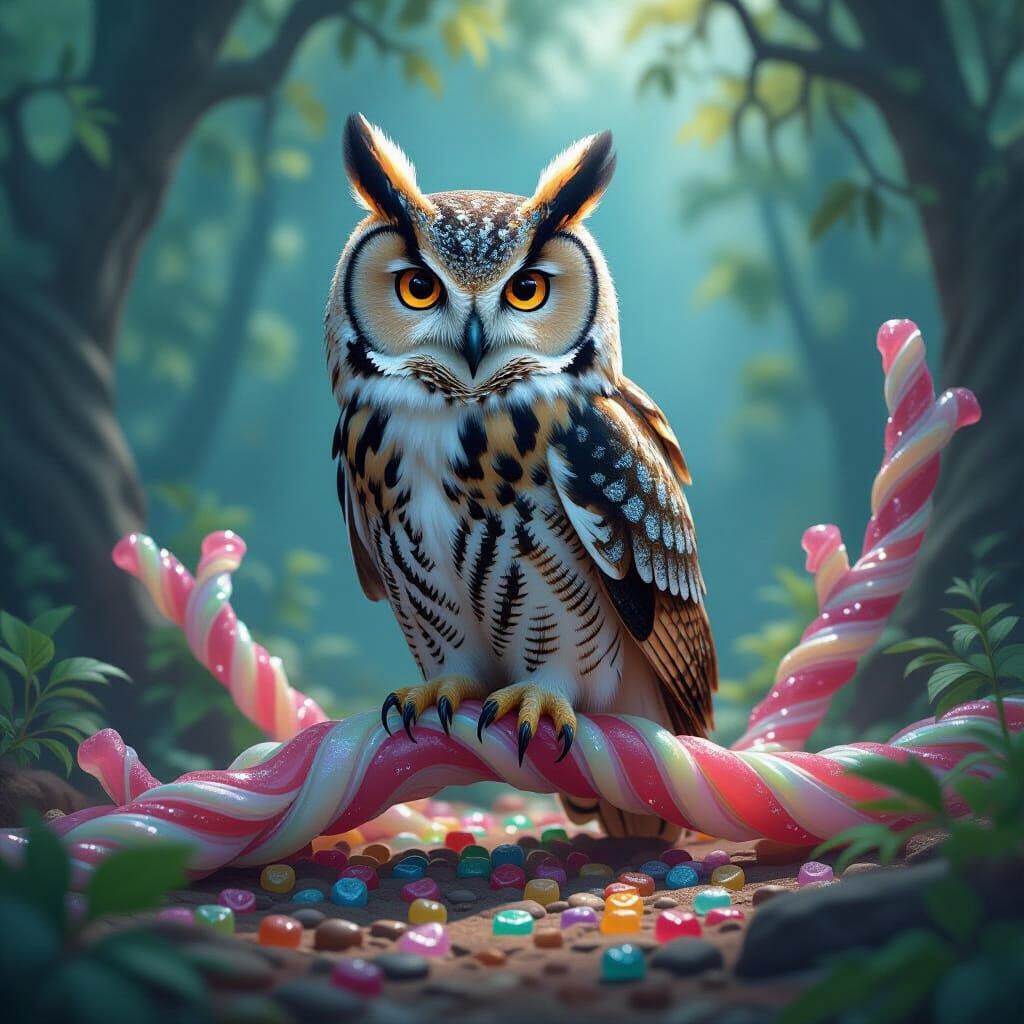 Fantasy Owl on Rock Candy Branch with Gummy Forest Floor