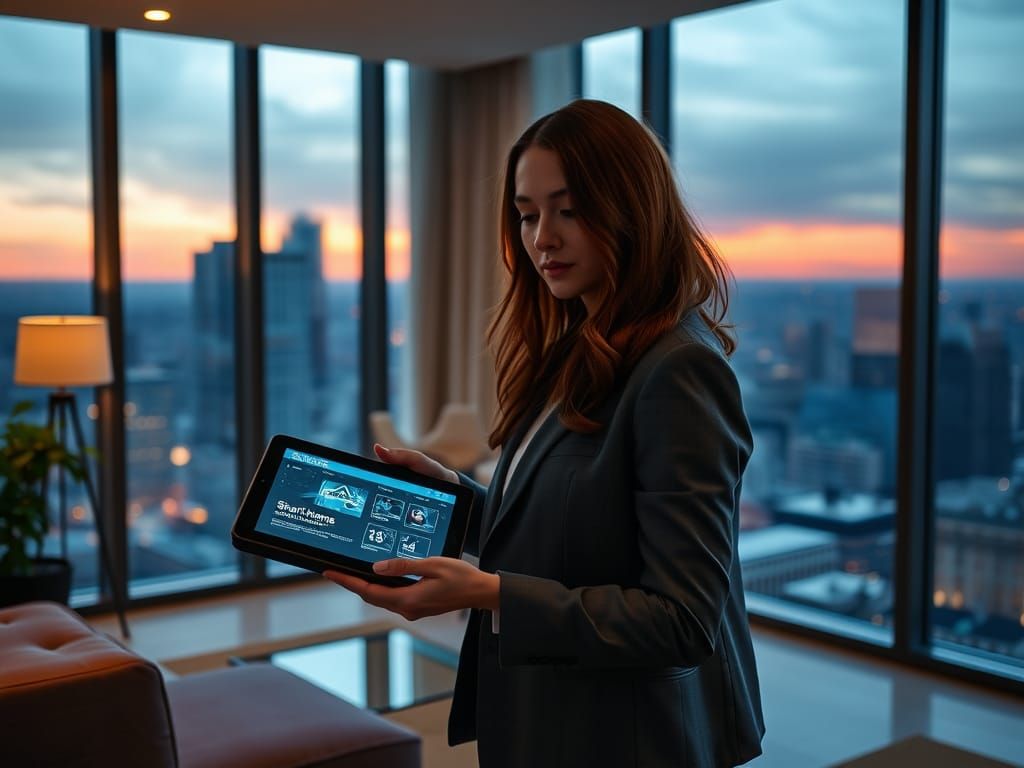 Woman with Smart Home Interface in Modern Living Room