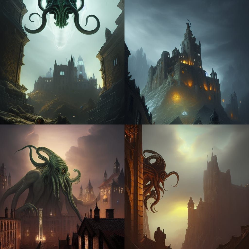 Cthulhu Rises Above Castle: Dark Fantasy Art