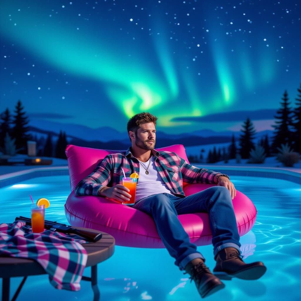 Man Relaxing in Lunar Pool Under Aurora Borealis