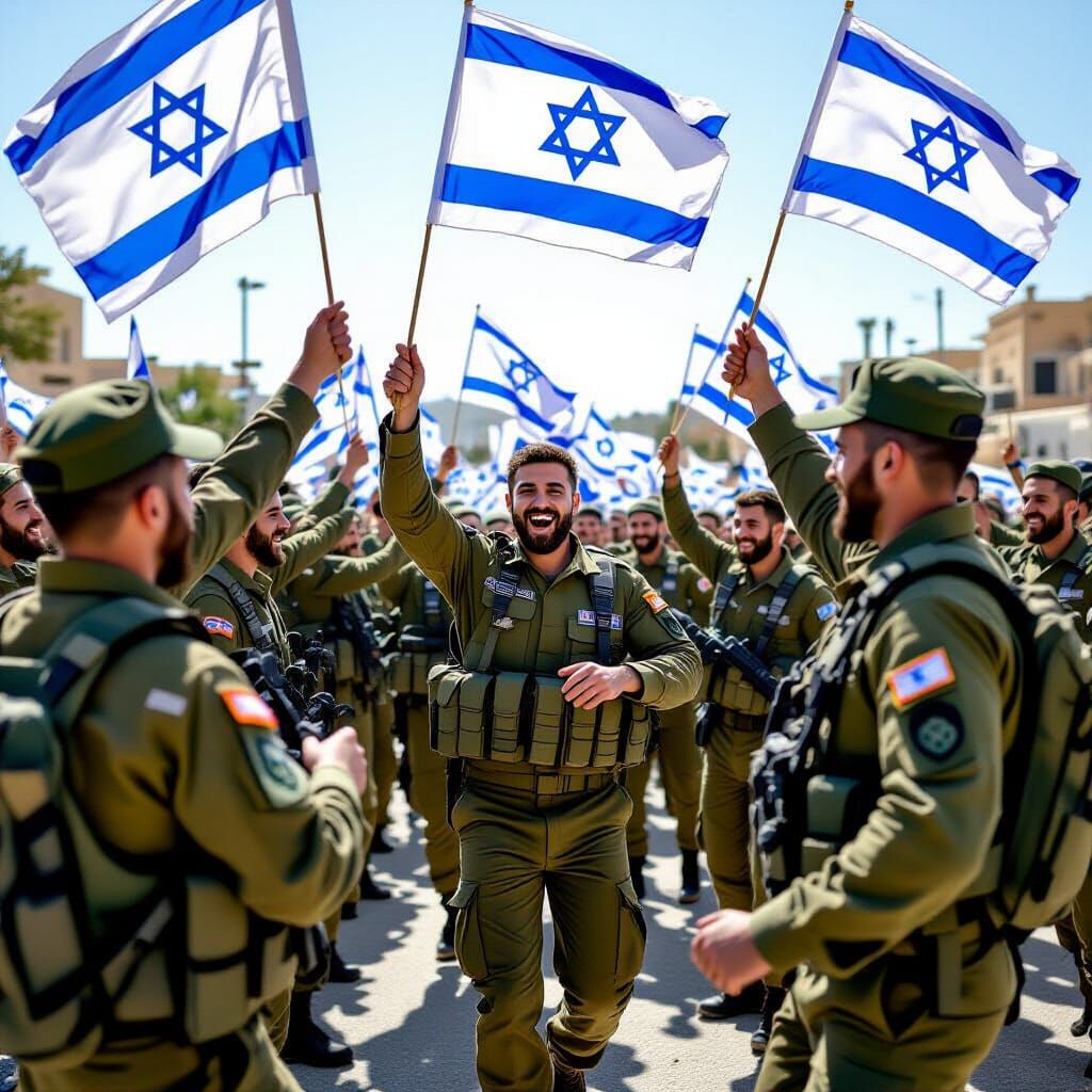 Israeli Soldiers Celebrate with Flags in Joyful Dance