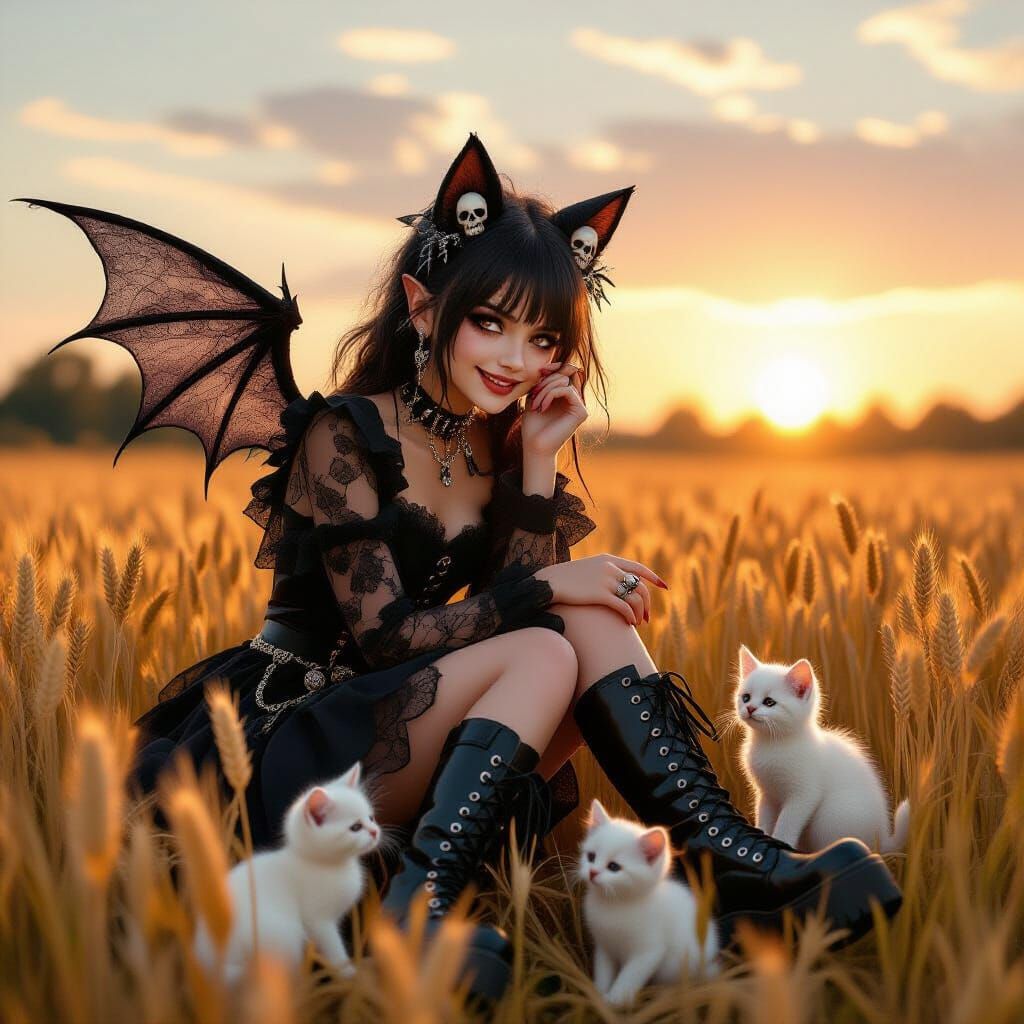 Gothic Girl with Kittens in Wheat Field at Sunset