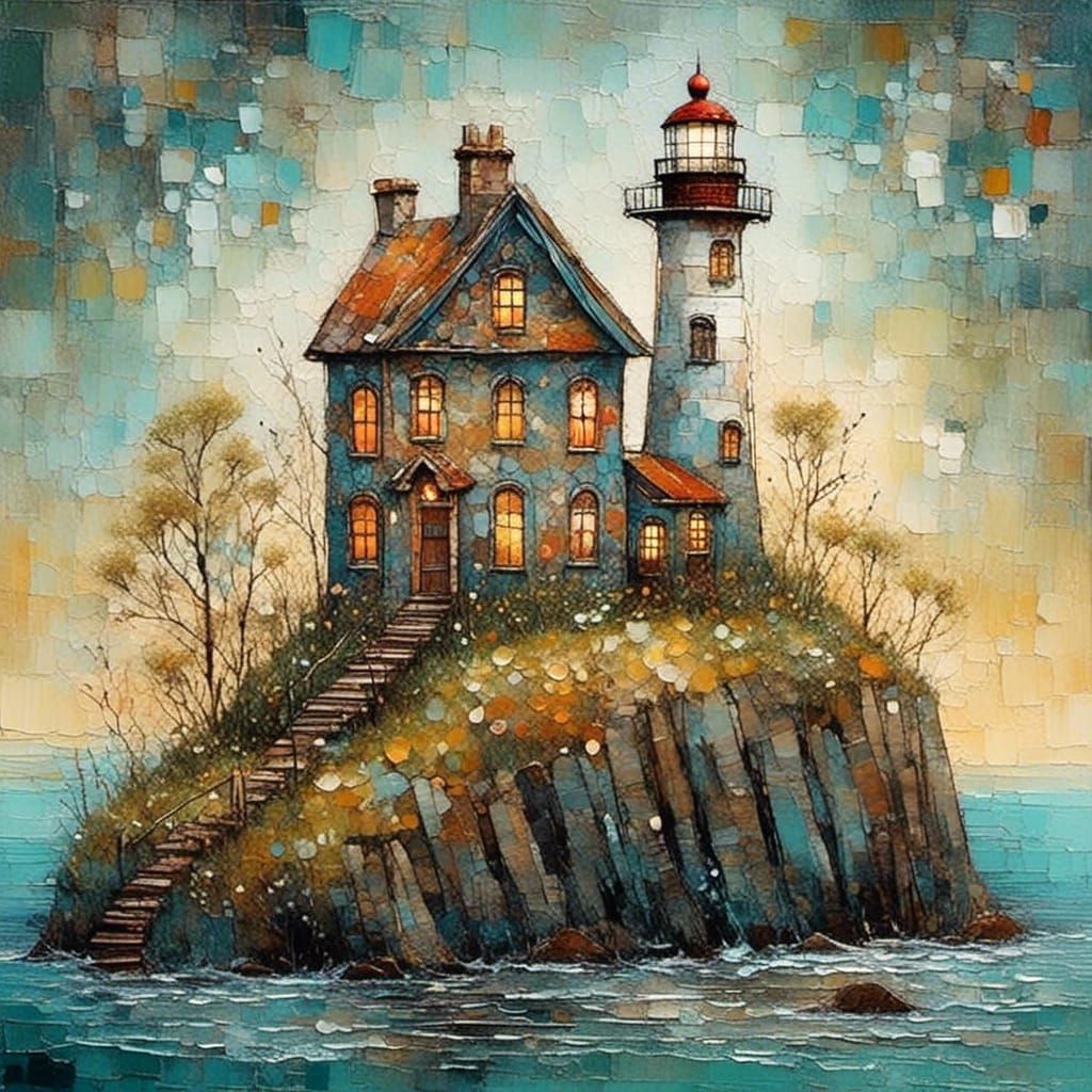 Island Lighthouse with Cottages in Art Brut Style