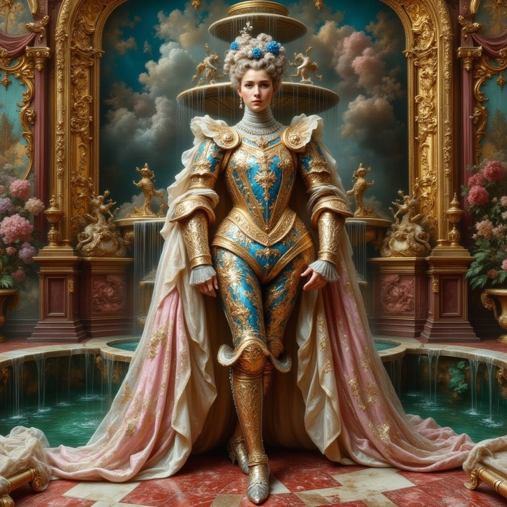Opulent Rococo Armor Portrait in Oil Painting Style