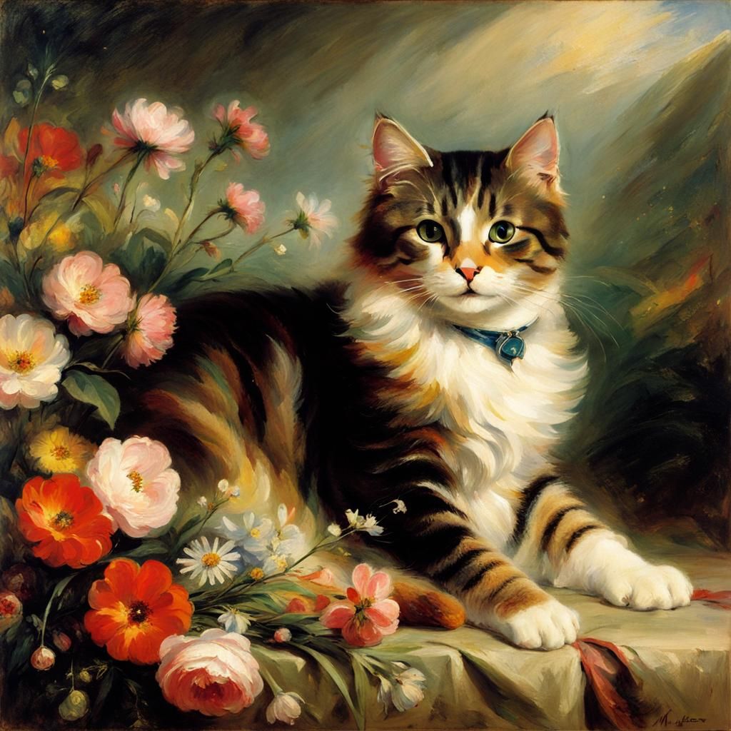 Cat Surrounded by Flowers in Romantic Style