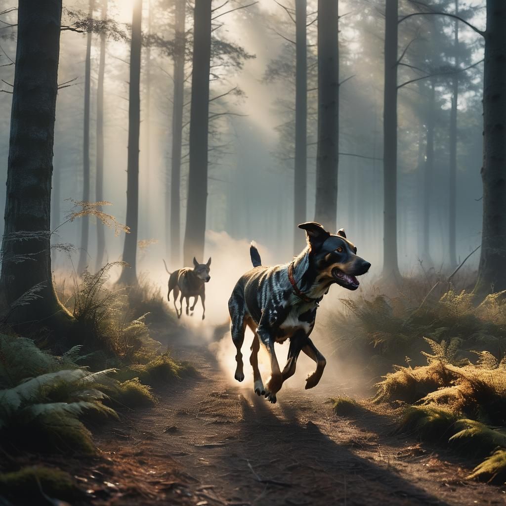 Hunting Dog in Misty Forest: Cinematic Film Still